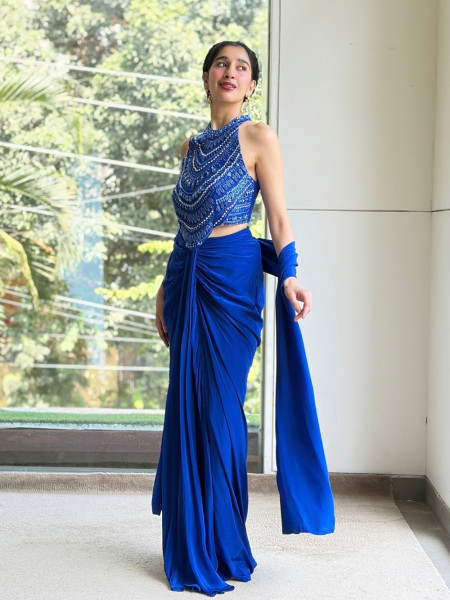Teera Royal Blue Indo-Western Draped Skirt Set