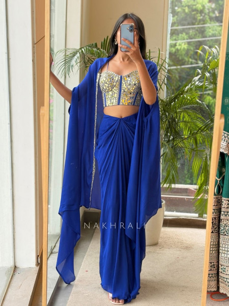 Glimmering  Blue Georgette Crop Top Dhoti Skirt Set with Cape