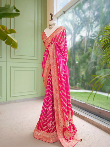Sarika Red Bandhani Saree With Running Blouse Piece