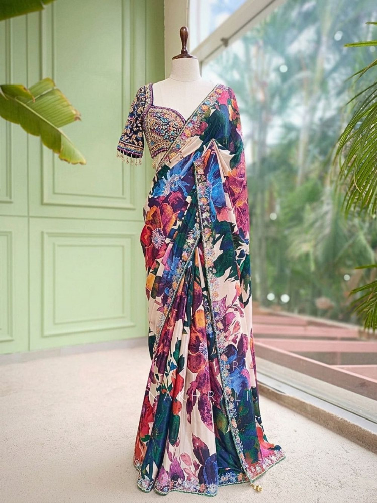 Image of Picasso Multicolor Floral Saree with Sequin Work