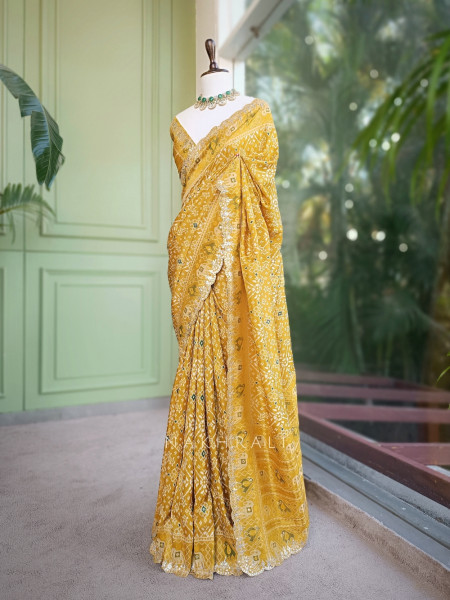 Zoraya Mustard Ghatchola Saree with Elephant Motif Border
