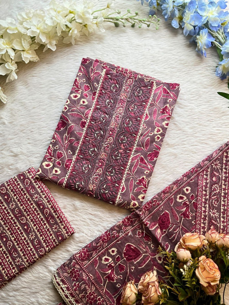 Ruhani Purple Cotton Suit Set with Embroidered Neckline