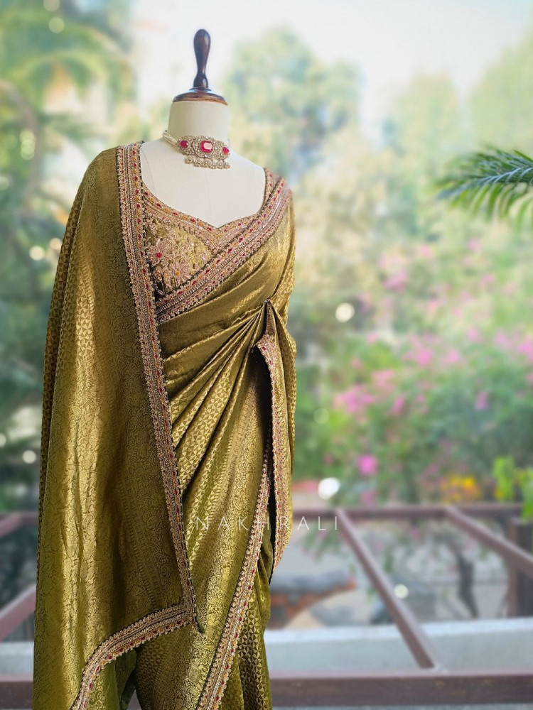 Image of Soyara Mehendi Green Saree with Sequin Embroidery