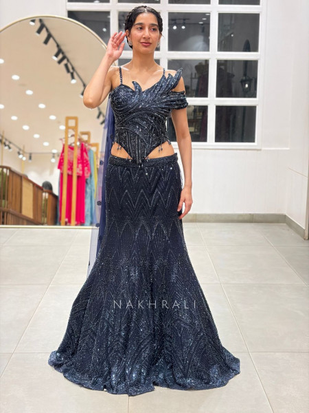 Graphite Blue Mesh Net & Shimmer Georgette Indo Western Mermaid Crop Top Skirt Set