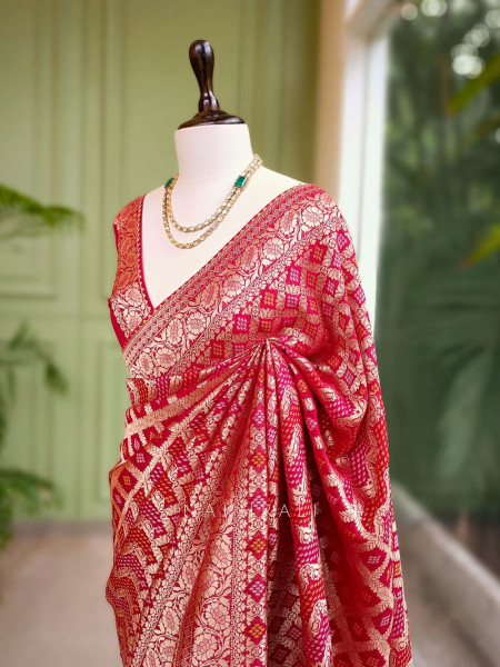 Riva Red Georgette Bandhani Saree with Gota Lace
