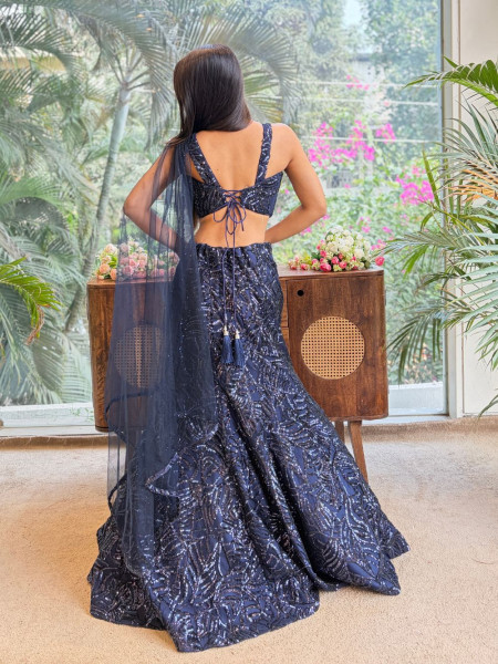 Noir Blue Indo-Western Lehenga with Sequin & Cut Dana Work