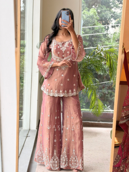 Inara Shimmer Pink Crushed Organza Gharara Suit Set