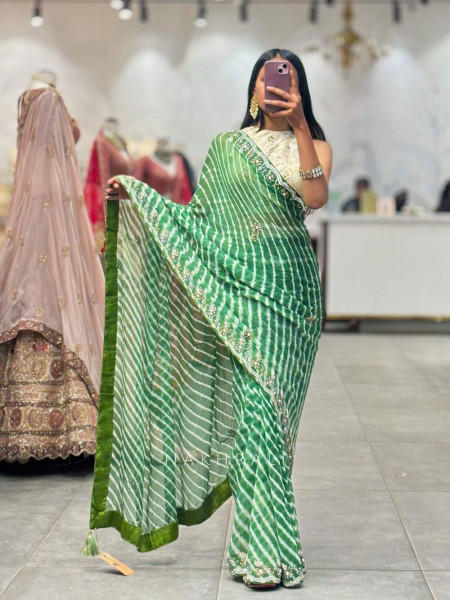 Avira Green Leheriya Saree with Embroidered Border
