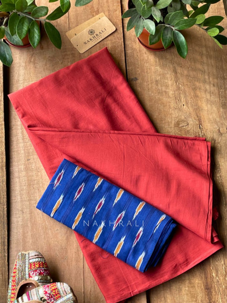 Sutra Orange Solid Cotton Saree with Printed Blouse