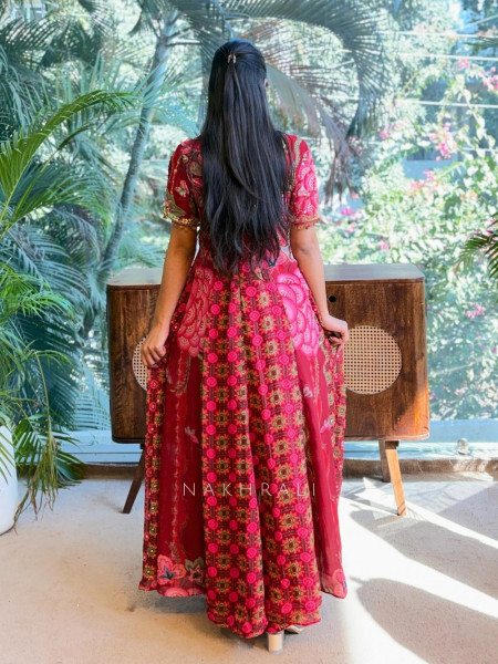 Irene Red Floral Indowestern Palazzo Set with Printed Cape