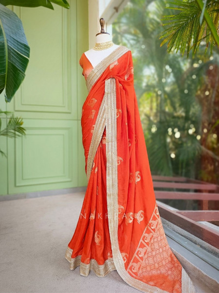 Tavira brick Saree with Broad Border and Unstitched Blouse Piece