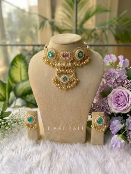 Mohak Golden Necklace Set with Lotus Motif & Beaded Drop Detailing
