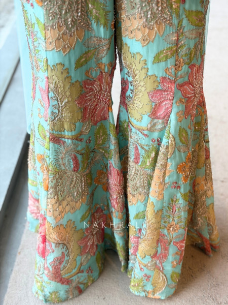 Gul-o-Glow  Sea Green Halter Neck Floral Sharara Suit