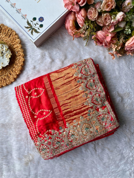 Noor-E-Rangati Red Bandhani Saree with Zari Border