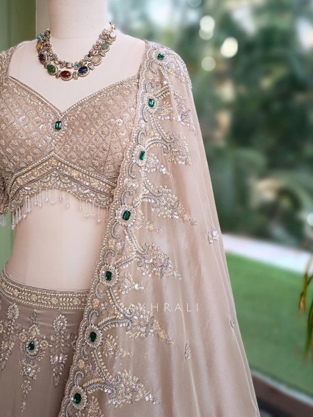 Frost Grey Satin Lehenga With Zardozi, Cutdana & Emerald Kundan Work