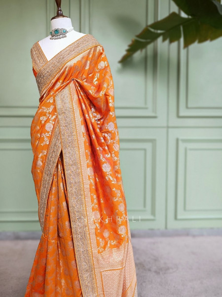 Kanakrekha Orange Banarasi Katan Silk Saree with Zari Jaal and Sequin Border