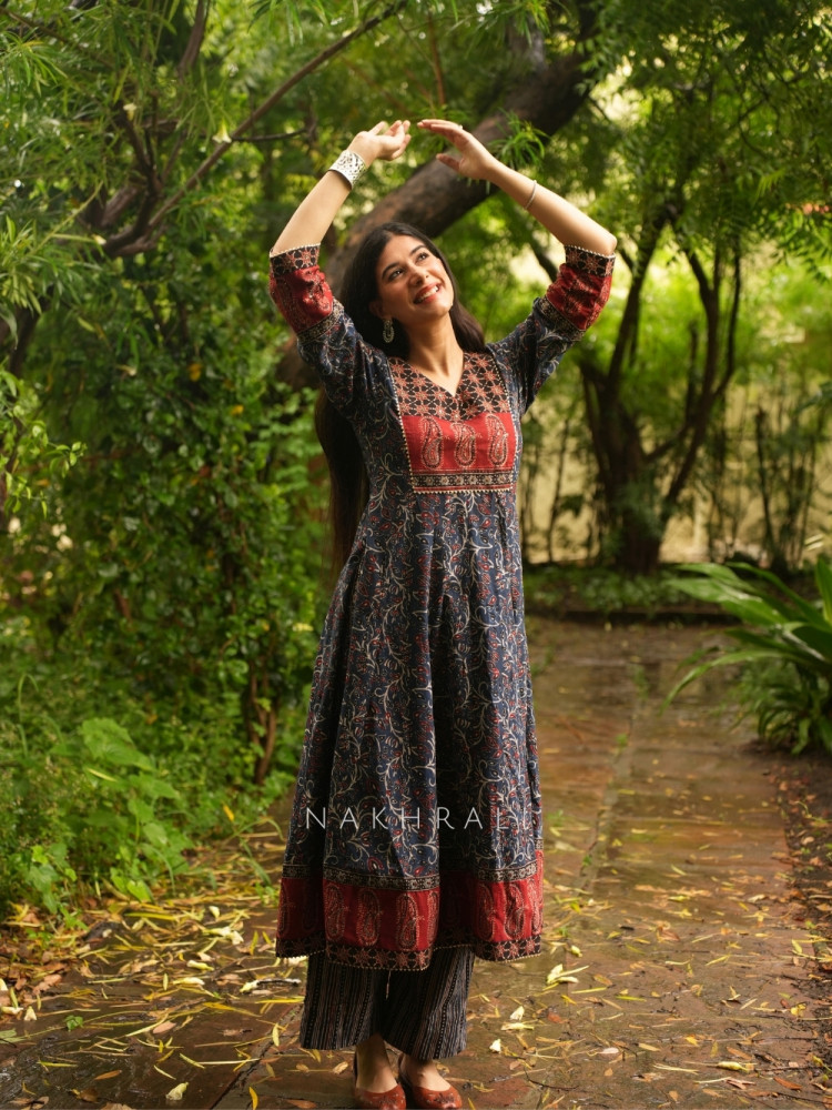 Image of Amrit Blue Cotton Flared Kurta Pant Set