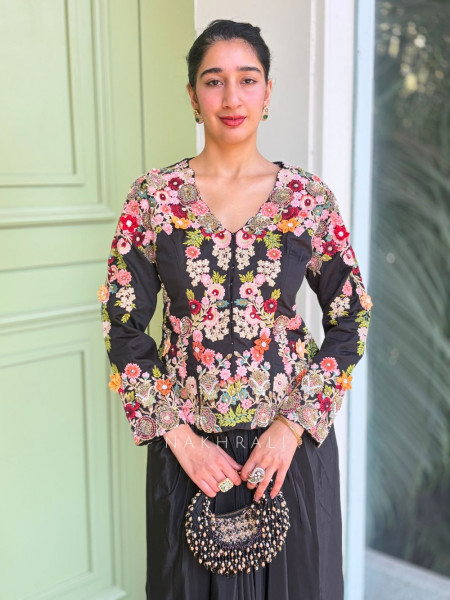 Averra Black Embroidered Jacket Skirt Set