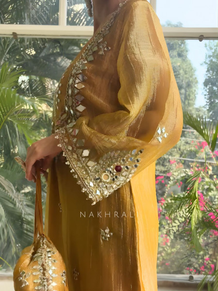 Poise Mustard Tissue Long Dress with Mirror and Zari Work