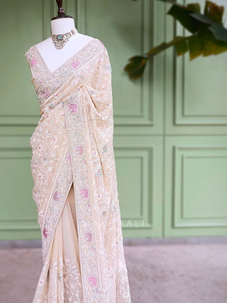 Keki Bloom Cream Chikankari  Saree With Running Blouse Piece Chikankari