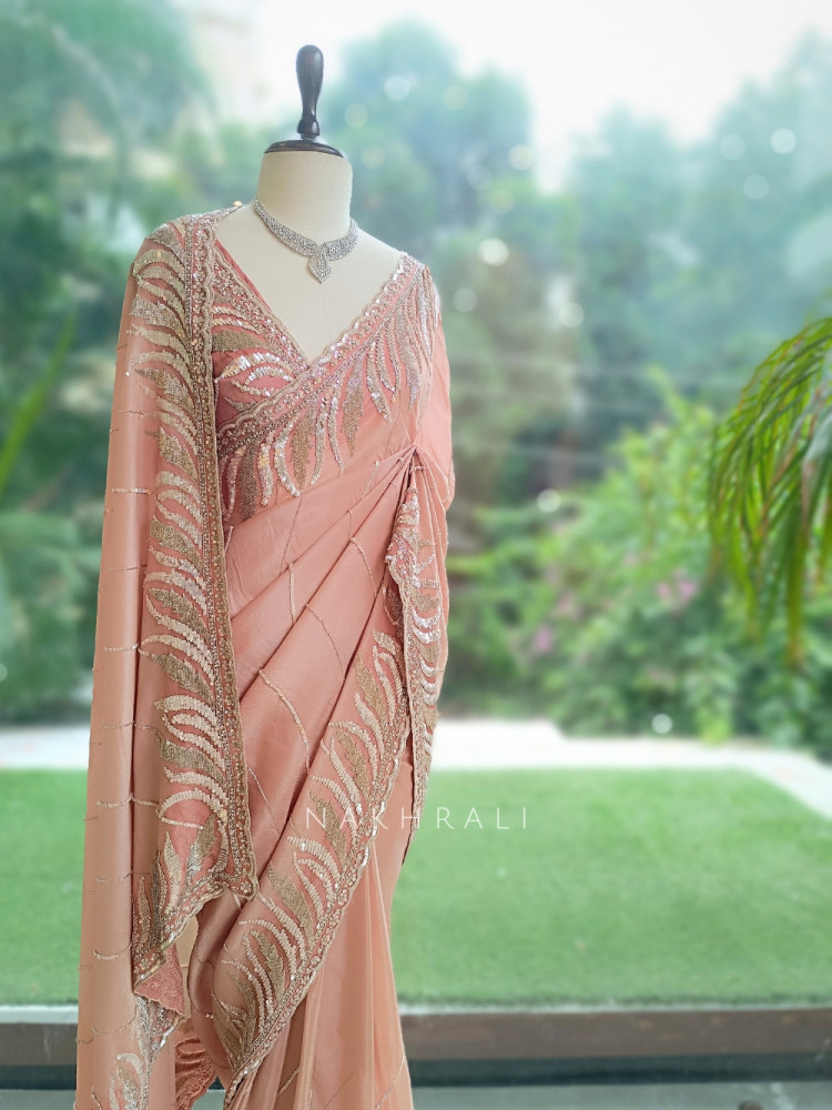 Image of Luxe Linear Peach Italian Silk Saree