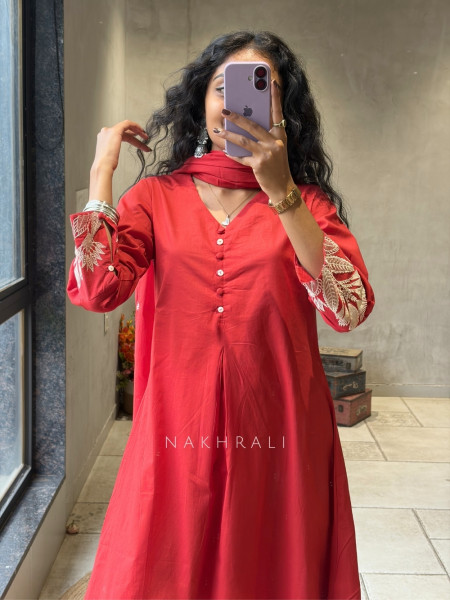 Zoryn Red Anarkali Kurta Pant Set with Sleeve Embroidery