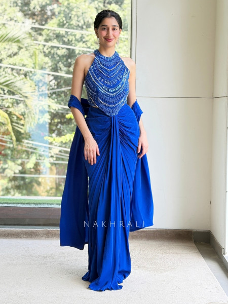 Teera Royal Blue Indo-Western Draped Skirt Set