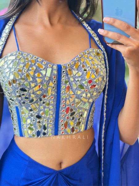 Glimmering  Blue Georgette Crop Top Dhoti Skirt Set with Cape