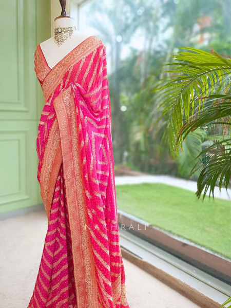 Sarika Red Bandhani Saree With Running Blouse Piece