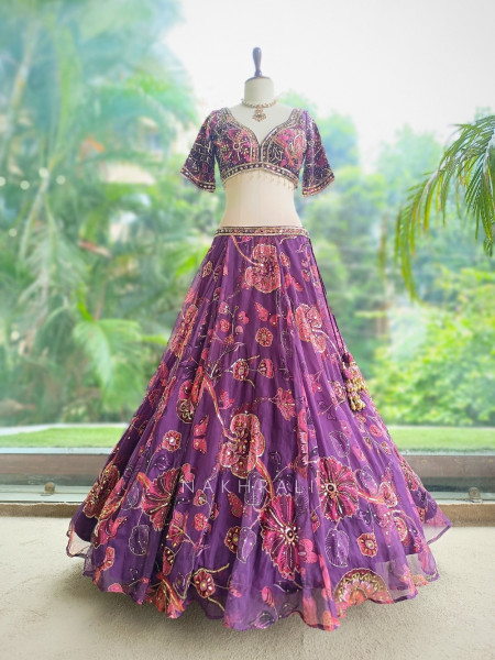 Nishaara Purple Organza Silk Lehenga Set