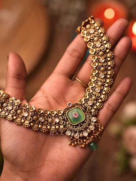 Sajni Antique Gold Necklace Set with Green Stone