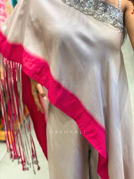 Elvara Grey Draped Indo Western Set with Embellished Neck & Tassel Detail