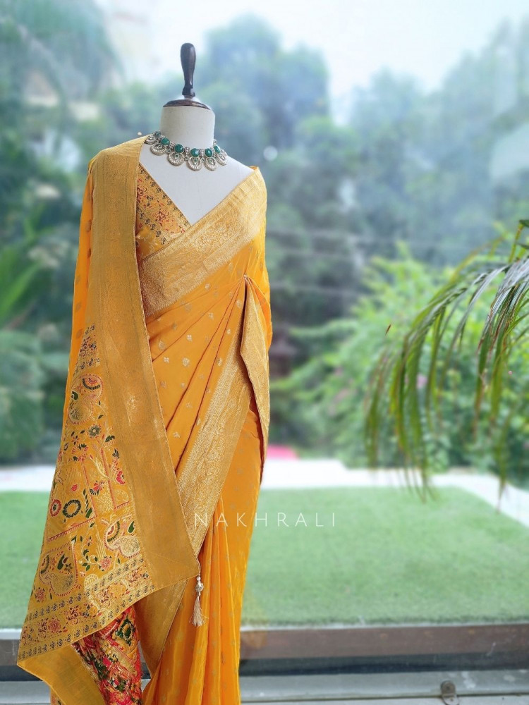 Image of Asmi Mustard Banarasi Khaddi Georgette  Saree