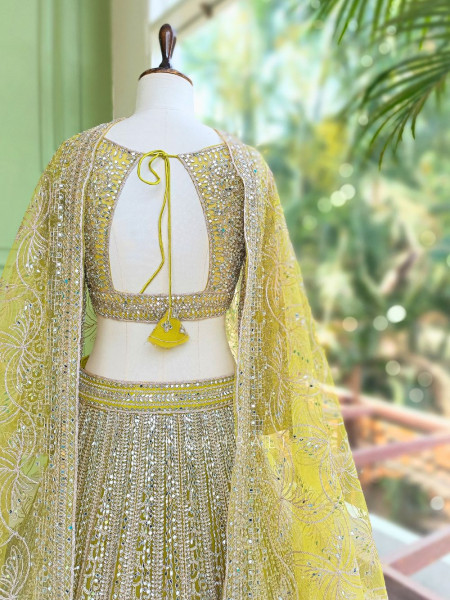 Rivarka Yellow  Mirror and Bead Embroidered Bridal Lehenga