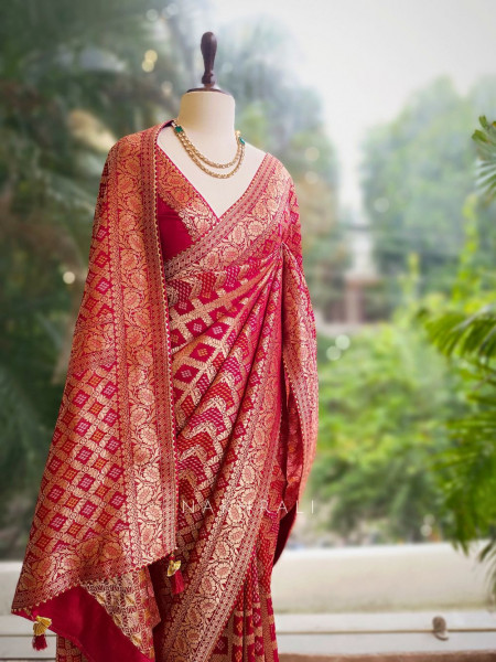 Riva Red Georgette Bandhani Saree with Gota Lace