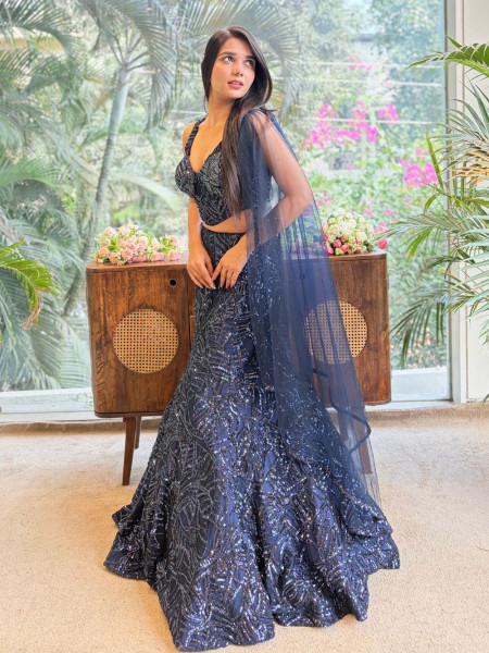 Noir Blue Indo-Western Lehenga with Sequin & Cut Dana Work