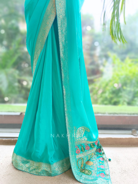 Firoza Rama Green Saree With Zari Border