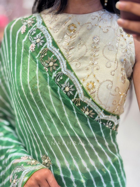 Avira Green Leheriya Saree with Embroidered Border