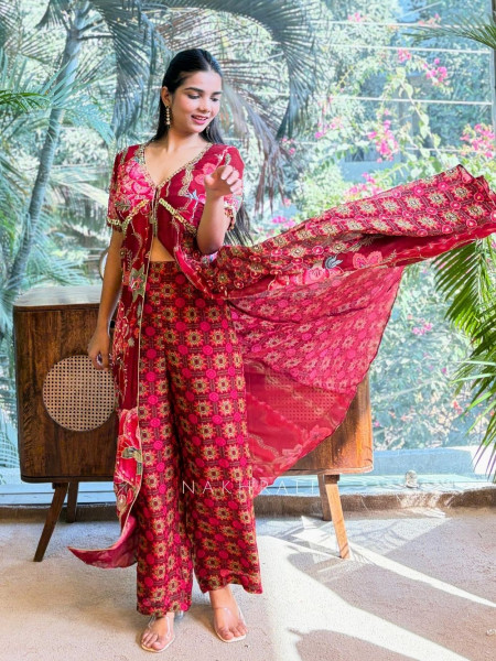 Irene Red Floral Indowestern Palazzo Set with Printed Cape
