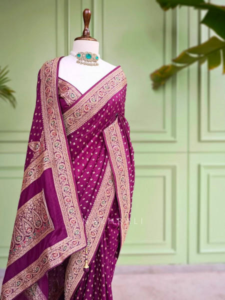 Raaj-Kamal Wine Saree with Golden Zari Detailing