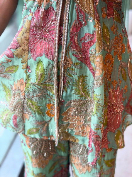 Gul-o-Glow  Sea Green Halter Neck Floral Sharara Suit