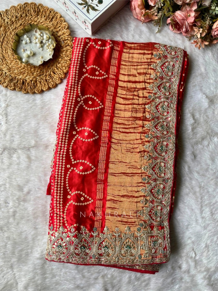 Noor-E-Rangati Red Bandhani Saree with Zari Border