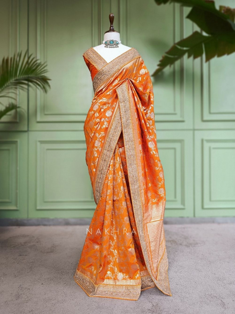 Image of Kanakrekha Orange Banarasi Katan Silk Saree with Zari Jaal and Sequin Border