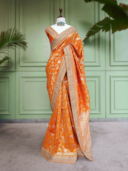 Kanakrekha Orange Banarasi Katan Silk Saree with Zari Jaal and Sequin Border
