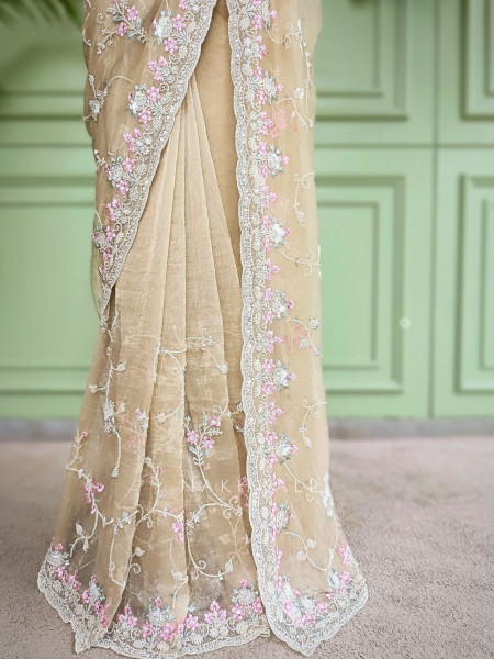 Sorelle Beige Organza Saree with Cut Dana Embroidery
