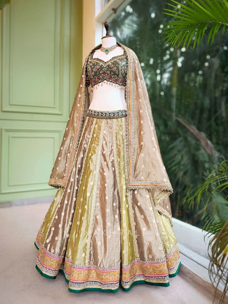 Ruhani Olive Green Velvet Zari Sequin Lehenga