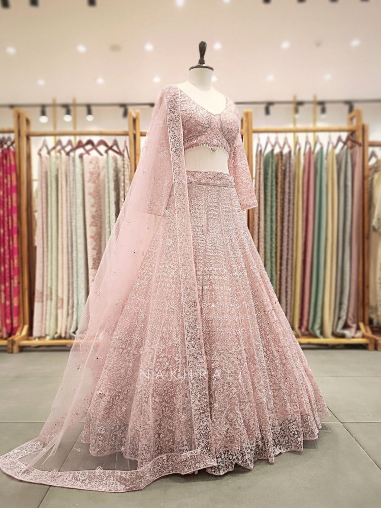 Image of Shreela Pink Mirror and Bead Embroidered Bridal Lehenga