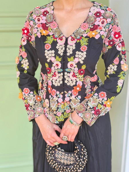 Averra Black Embroidered Jacket Skirt Set