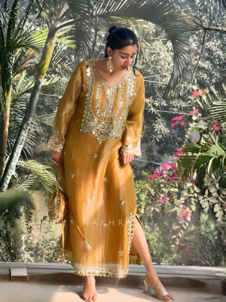 Poise Mustard Tissue Long Dress with Mirror and Zari Work