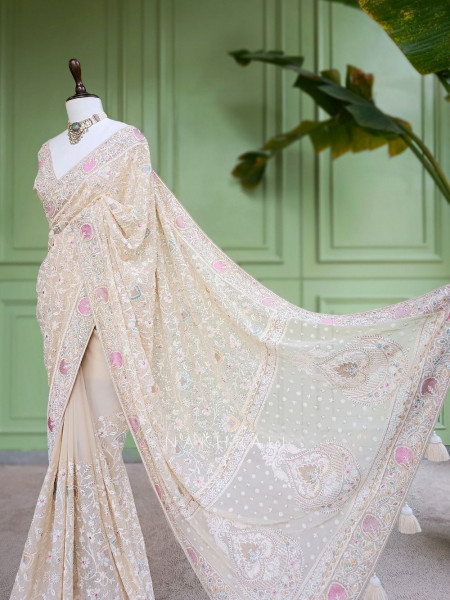 Keki Bloom Cream Chikankari  Saree With Running Blouse Piece Chikankari